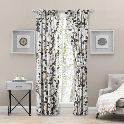 Magnolia Floral Blackout Cotton Polyester Curtain Panel Pair with Tiebacks, 100" x 63"
