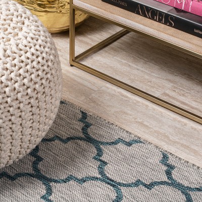 Gray and Teal Trellis Flat Woven Synthetic Rug