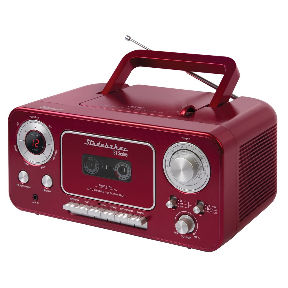 Studebaker SB2135BTRS Portable Stereo CD Player with Bluetooth - AM/FM and Cassette Player - Red