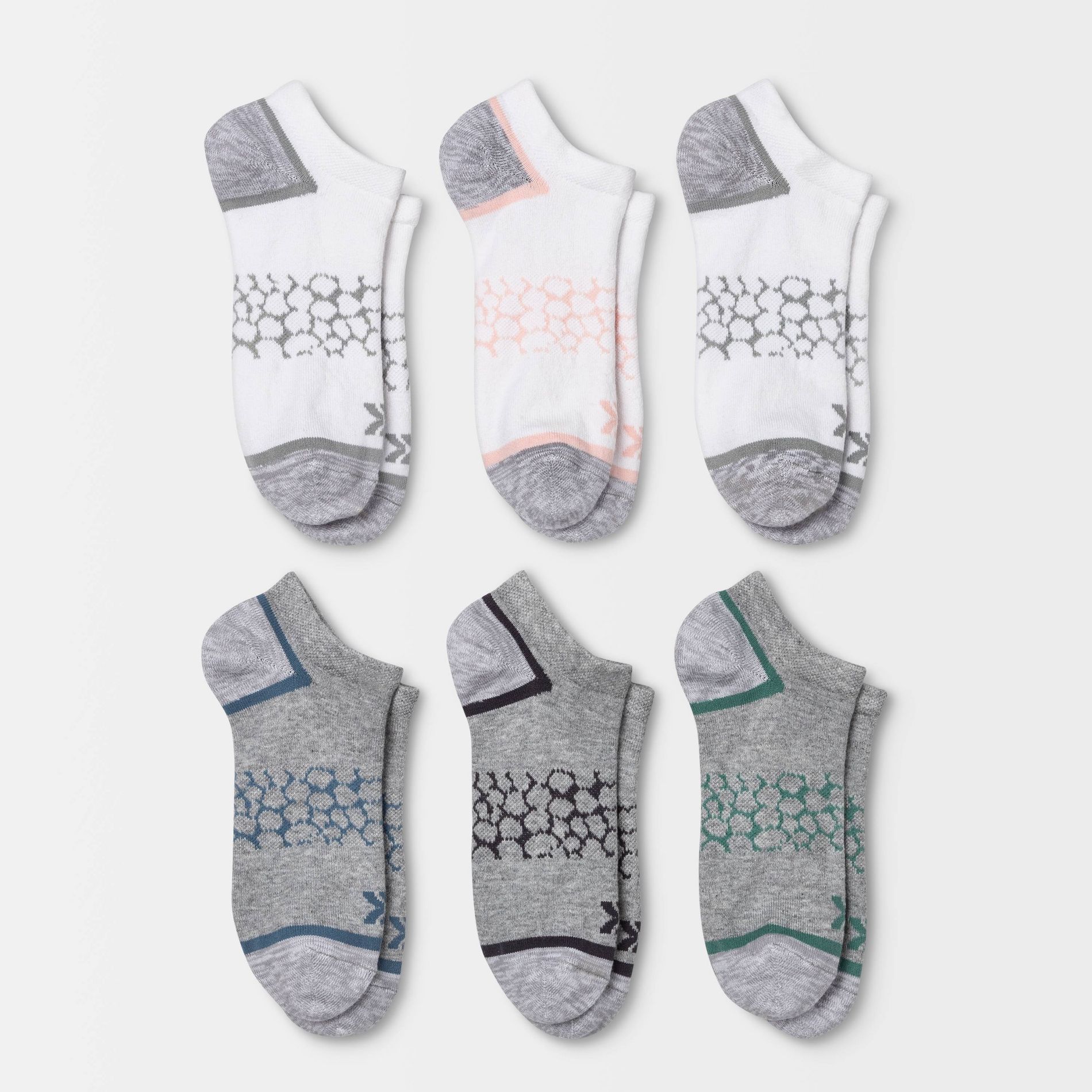 Women's Lightweight Pebble Patterned 6pk No Show  Socks - All In Motion™ White/Heather Gray 4-10: Moisture Wicking, Flat Seams