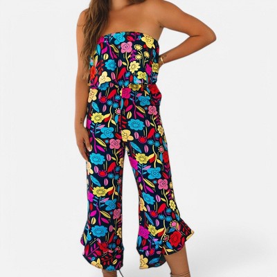 Amaryllis Women's Strapless Ruffle Hem Jumpsuit Smocked Waist Wide Leg Flowy One-Piece Effortless Outfit