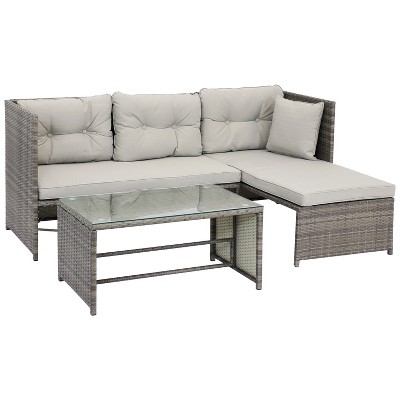 Sunnydaze Outdoor Rattan Longford Patio Conversation Set with Chaise Lounge Sectional Sofa, Seat Cushions, and Coffee Table - Slate Gray - 4pc
