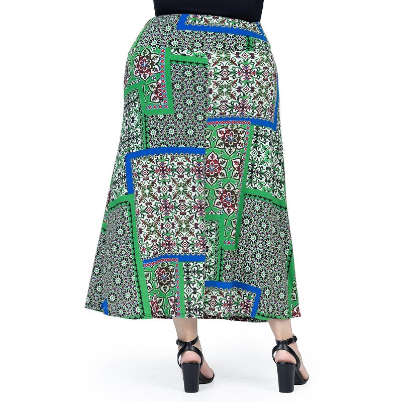 24seven Comfort Apparel Green Scarf Print Plus Size  Elastic Waist Ankle Length Comfortable Maxi Skirt, 3 of 7
