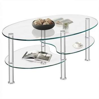 SKONYON Oval Dining Table Glass Coffee Table with Storage Side Shelf and Metal Legs