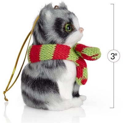 Mini Gray and White Faux Fur Cat Ornament with Scarf