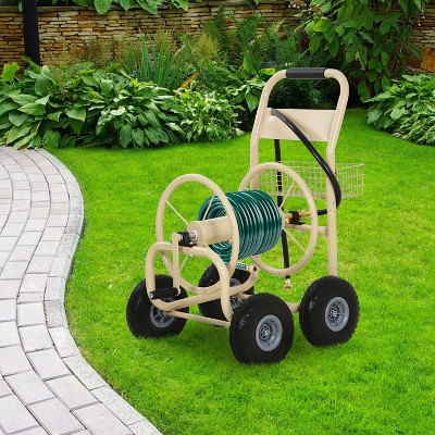 Tan Heavy Duty Metal Outdoor Hose Reel Cart with Storage Basket