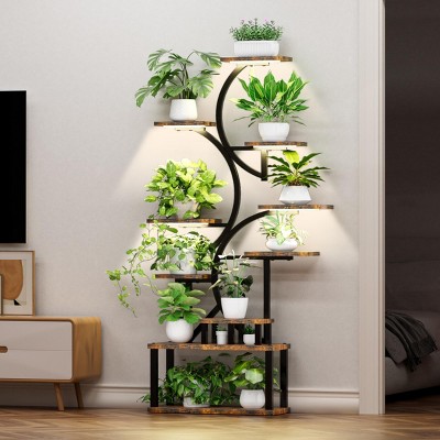 INFURNIC Planter Stands and Holders 10 Tier S Shaped Corner Plant Stand with Grow Lights for Indoor Use, Brown, 28.3"*10.2"*68.5"