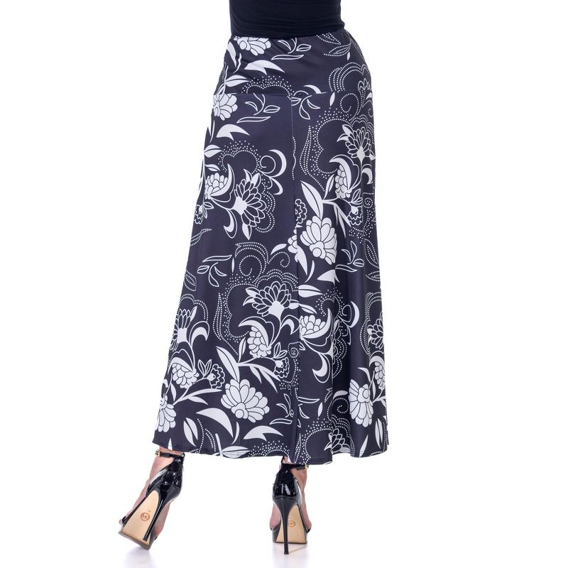 24seven Comfort Apparel Black and White Floral Elastic Waist Ankle Length Comfortable Maxi Skirt, 3 of 7
