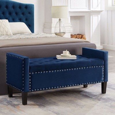 Upholstered Tufted Button Storage Bench with Nails Trim,Velvet Upholstered Entryway Bench Living Room Padded Seat with Armrest,Bed Bench-Cuddlewood
