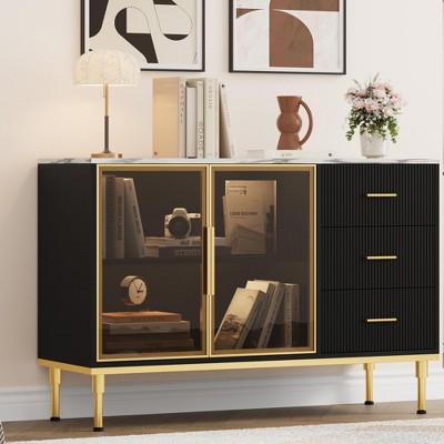 Fluted Sideboards Buffets Cabinet with Glass Doors, 3 Drawers, Marble Top Kitchen Sideboard Cabinet