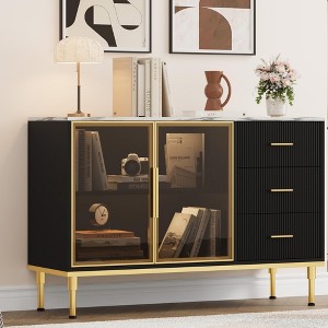 Fluted Sideboards Buffets Cabinet with Glass Doors, 3 Drawers, Marble Top Kitchen Sideboard Cabinet - 1 of 4
