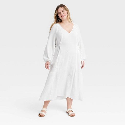 Women's Balloon Long Sleeve Midi A-Line Dress - Universal Thread™ White 1X