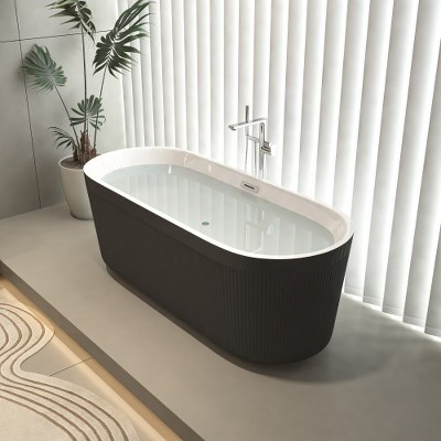 59" Acrylic Freestanding Bathtub with Unique Pleated Design: , Gloss Black Finish, Chrome Overflow & Pop-Up Drain