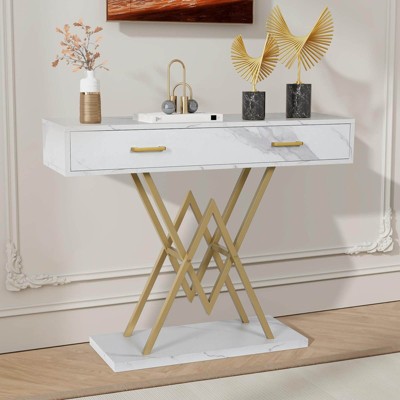 ELECWISH Console Table, White Modern Entryway Desk with Drawer, 39’’ Hallway Stand with Geometric Gold Base