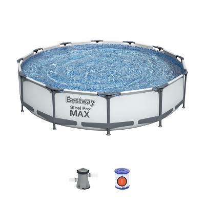 Bestway 56417E Steel Pro Max 12-Foot x 30-Inch Outdoor Round Frame Above Ground Swimming Pool Set with 330 GPH Filter Pump and Filter Cartridge, Gray