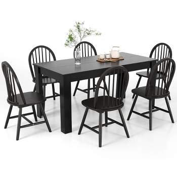 Tangkula 7 PCS Dining Set Rectangular Wooden Dining Table 6 Windsor Chairs Kitchen Black