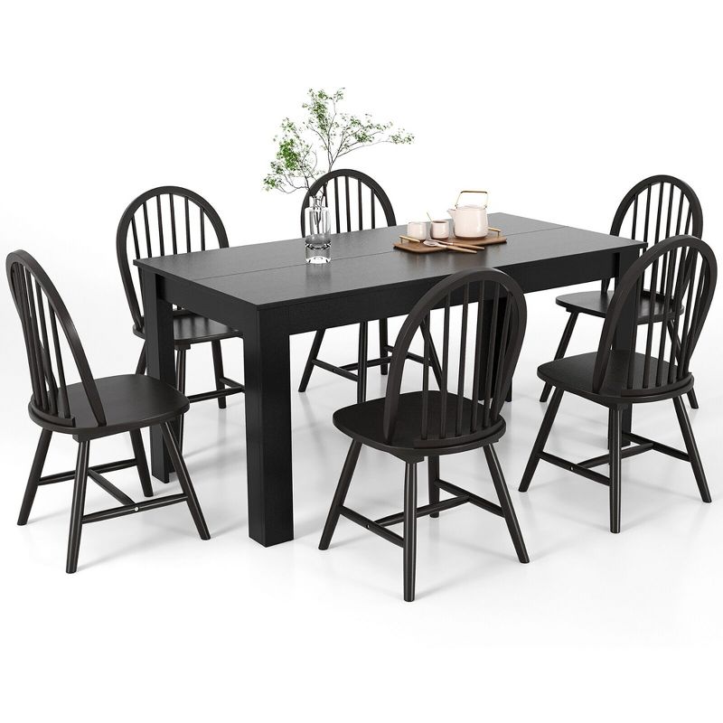 Tangkula 7 PCS Dining Set Rectangular Wooden Dining Table 6 Windsor Chairs Kitchen Black, 1 of 9