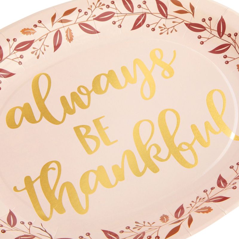 Sparkle and Bash 24-Pack Large Oval Thanksgiving Paper Plates, Heavy Duty Serving Plates with Fall Leaves, Pink with Gold Foil, 13x11 in, 5 of 8