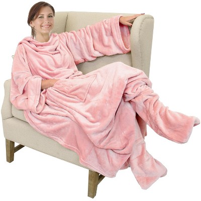 Catalonia Fleece Wearable Blanket with Sleeves and Foot Pockets, Micro Plush Wrap Sleeved Throw Blanket Robe, Super Fuzzy Cozy TV Blanket Throw, Gift