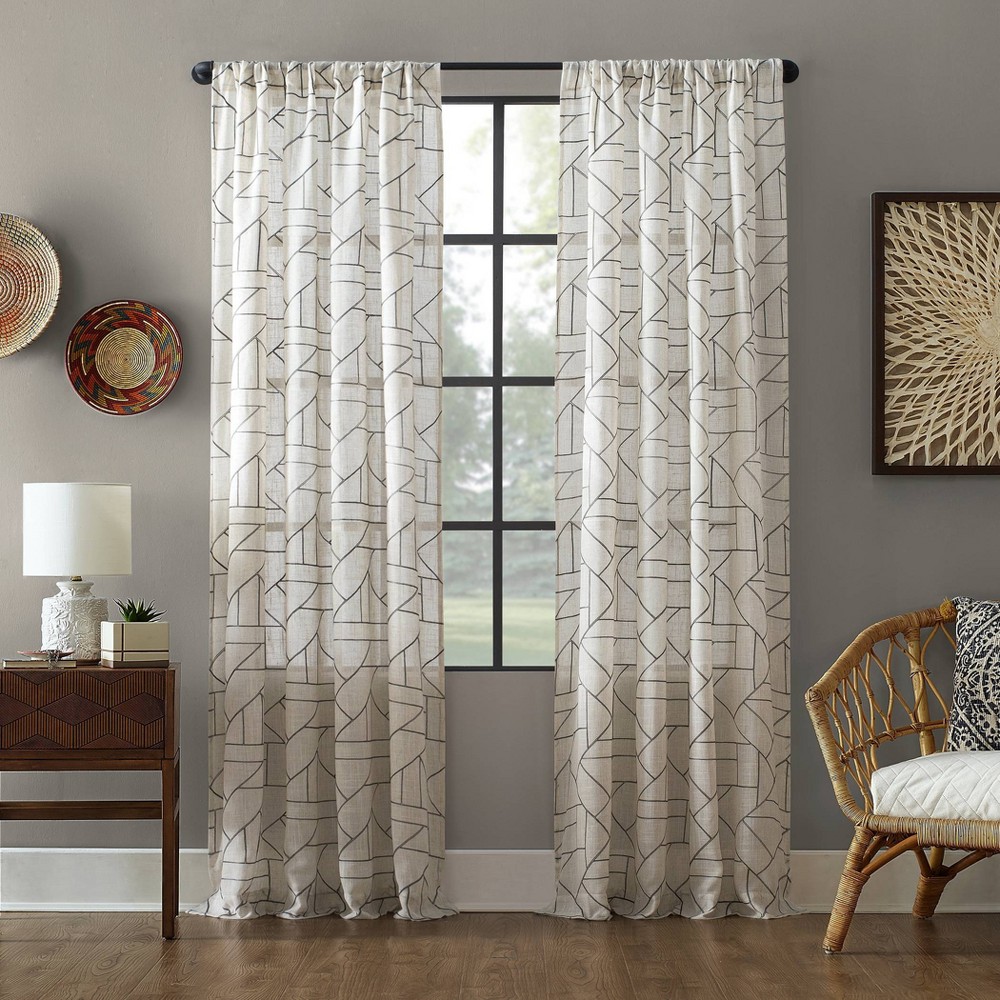 Photos - Curtains & Drapes 50"x63" Archaeo Light Filtering Jigsaw Embroidery Linen Blend Curtain Pane
