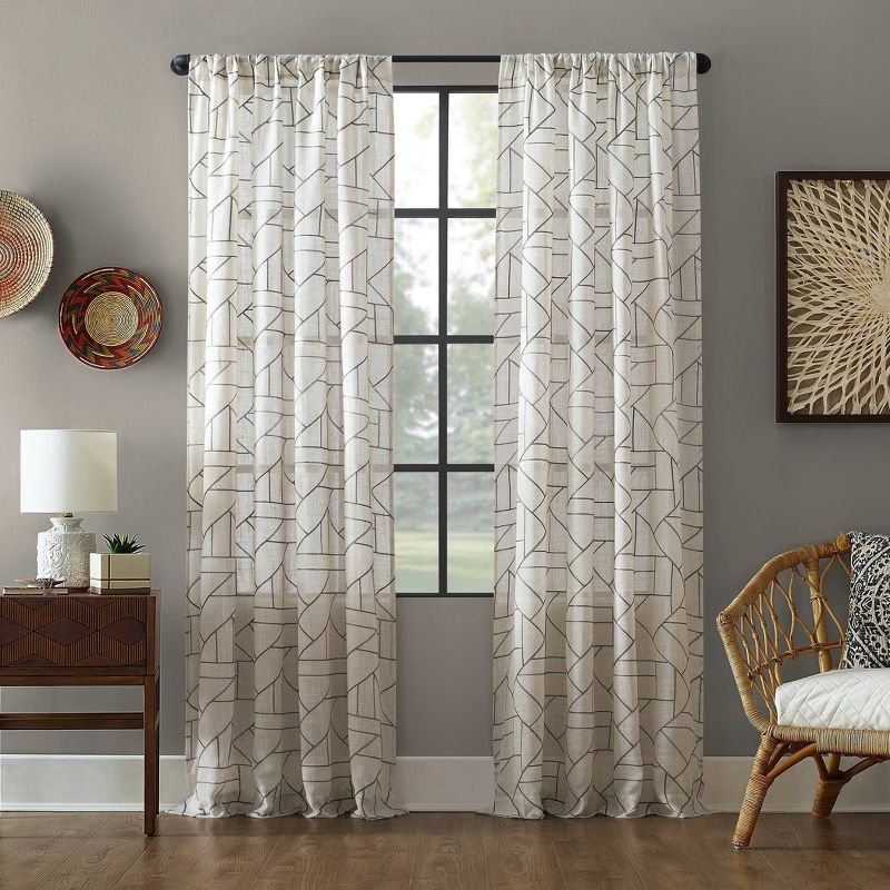 1pc Light Filtering Jigsaw Embroidery Linen Blend Window Curtain Panel - Archaeo, 1 of 11
