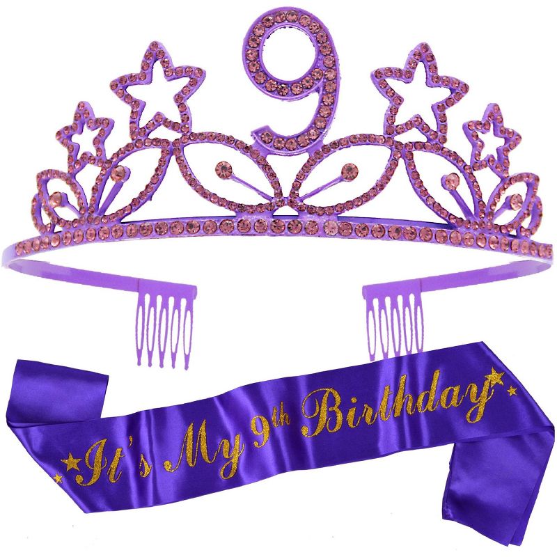 MEANT2TOBE 9th Birthday Sash and Tiara for Girls - Fabulous Glitter Sash + Stars Rhinestone Purple Premium Metal Tiara for Girls, 1 of 4