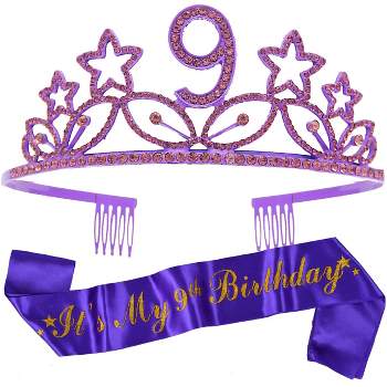 MEANT2TOBE 9th Birthday Sash and Tiara for Girls - Fabulous Glitter Sash + Stars Rhinestone Purple Premium Metal Tiara for Girls