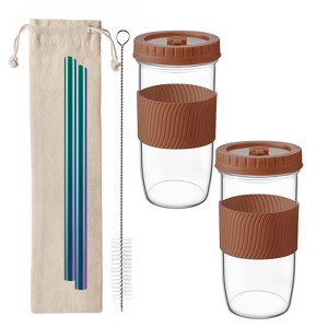 Itopfox 2 Pack Reusable Boba Cup with Lids & Straws, Wide Mouth Glass Cups for Bubble Tea, Smoothies, Iced Coffee, Includes Straws & Cleaning Brush - 1 of 4