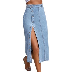 Women's High Waist Denim Midi Skirt - Trendy Button Front Skirt with Thigh Slit for Summer 2025 Light Blue - 1 of 4