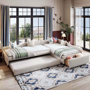 PAGED Twin Size Upholstered Daybed Wooden Bed Frame with Cat Ears Shaped Headboard for Bedroom and Living - 1 of 4
