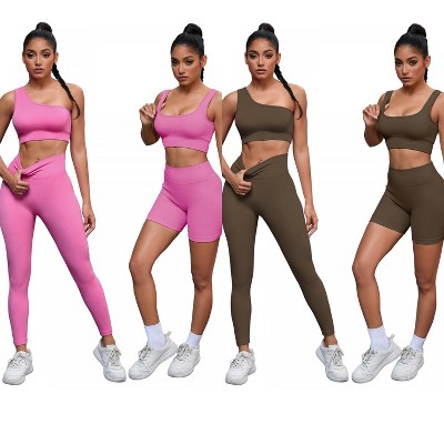 INSPIRE CHIC 2 Sets Women's Exercise Yoga Outfits Scoop Neck Seamless Ribbed Shorts High Waist Shapers