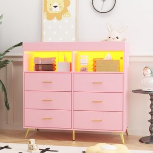 TackView Baby Changing Table Dresser with Lights & Power Outlet – 6-Drawer Nursery Dresser with 2 Open Shelves - 1 of 4