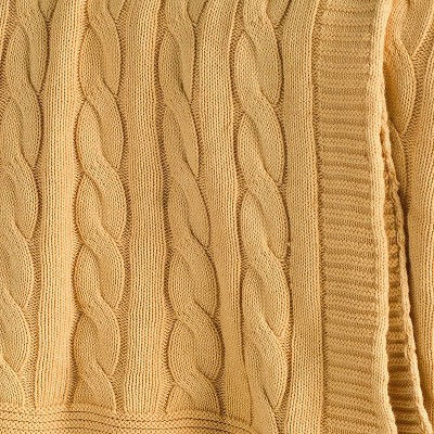 Yellow Cotton Cable Knit Reversible Throw Blanket