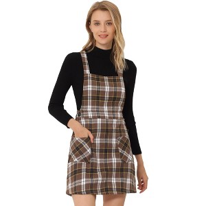 Allegra K Women's Plaid Tartan Button Decor A-Line Pinafore Overall Dress - 1 of 4