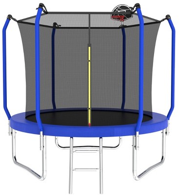 HFYee 8/10/12/14/10*16FT Backyard Trampoline Basketball Kit with Bonus Balls & Safety Enclosure for Ages 8+, Blue