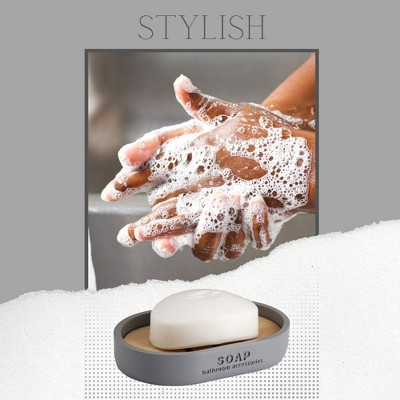 Gray Polyresin Soap Dish with Bamboo Insert