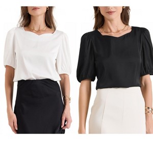 INSPIRE CHIC Women's Work Elegant Sweetheart Neck Half Puff Sleeve Office Work Satin Blouse 2 Packs - 1 of 4
