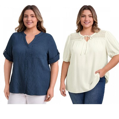 GRACE & GRANDEUR Women's Plus Size 2 Pcs Set Tie Neck Lace Panel T-shirt and Textured Button Down Top