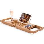 Bambusi Bathtub Caddy with Extendable Sides, Wine Glass Holder, Book Stand and Phone Tray, Natural