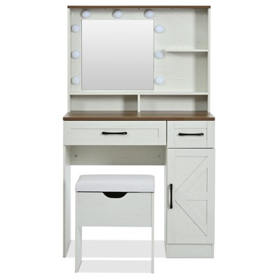 Infurnic Modern Vanity Tables Set with Mirror Touch Screen Lighted Mirror, Dressing Table with Drawers, White, 31.5"*15.7“*51.3”