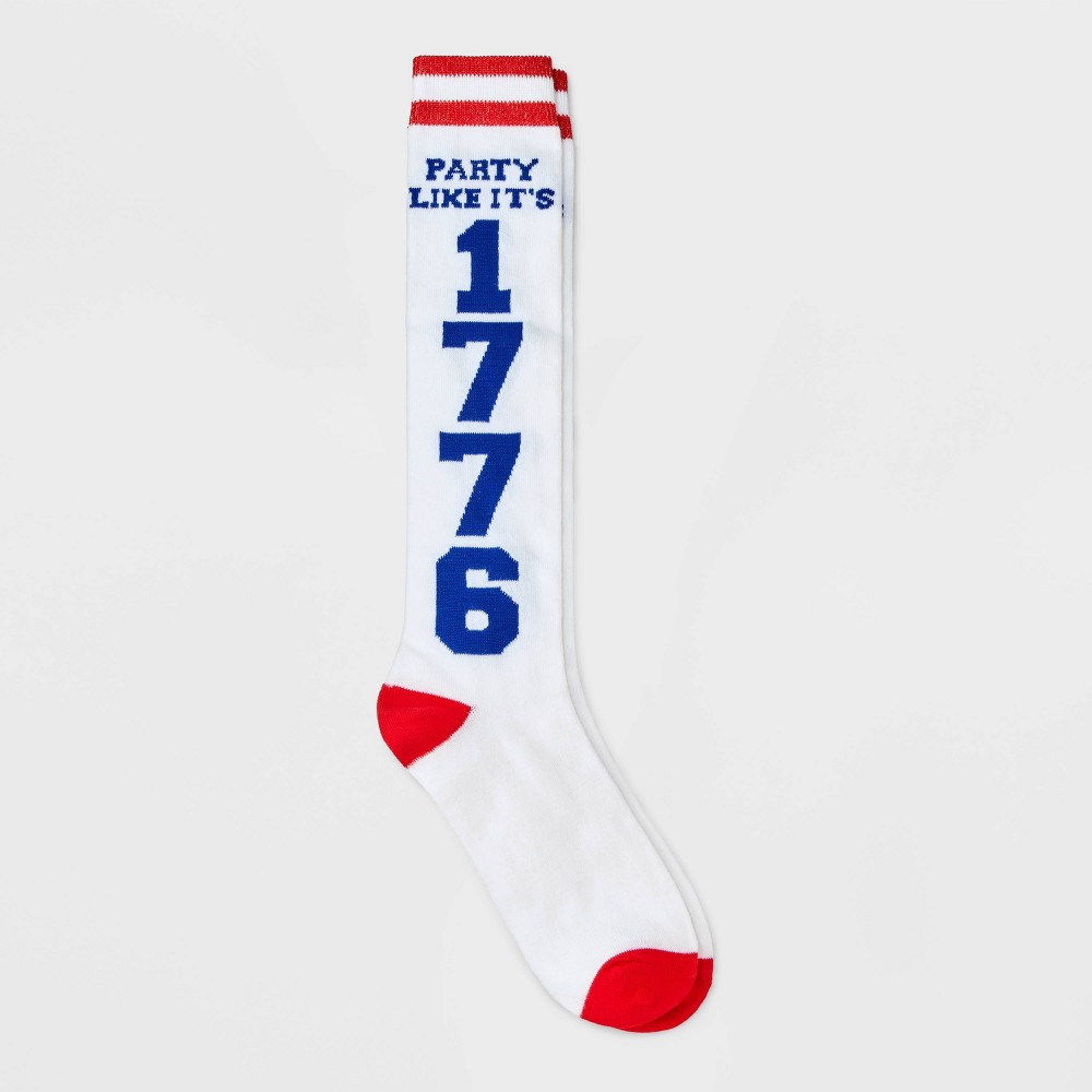 Women's "Party Like It's 1776" Knee High Socks - White/Blue/Red 4-10: Lightweight Knit, Banded Cuff, Recycled Polyester