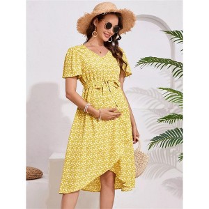 Clearlove Women's Maternity Dress Floral V Neck Short Puff Sleeve Swing Maxi Dresses Casual for Photoshoot Baby Shower - 1 of 4