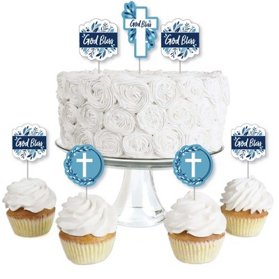 Big Dot of Happiness Blue Elegant Cross - Dessert Cupcake Toppers - Boy Religious Party Clear Treat Picks - Set of 24