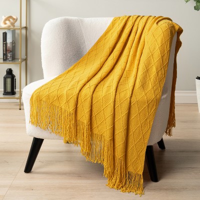 Mustard Yellow Knitted Fleece Reversible Throw Blanket