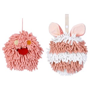 REGALWOVEN 2 Packs Fluffy Chenille Rabbit Shape Cute Soft Absorbent Hanging Ball Hand Towels 7" x 7" - 1 of 4