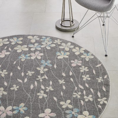 Handmade Round Grey and Beige Floral Synthetic Area Rug