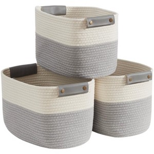 Ornavo Home 3 Pack Cotton Rope Shelf Storage Basket with Faux Leather Handles - 1 of 4