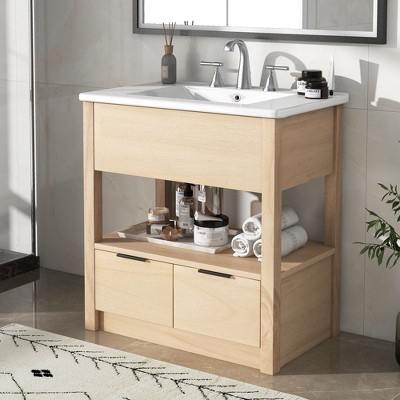 Okak Modern 30" Bathroom Vanity with Elegant Ceramic Sink, Solid Wood Frame Bathroom Storage Cabinet with Door Shelf & Open Shelf