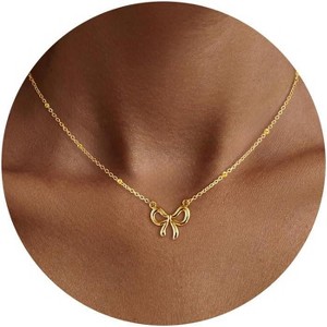 Gold Bow Pendant Necklace for Women, 14K Gold Plated CZ Bead Choker Christmas Gift - 1 of 4