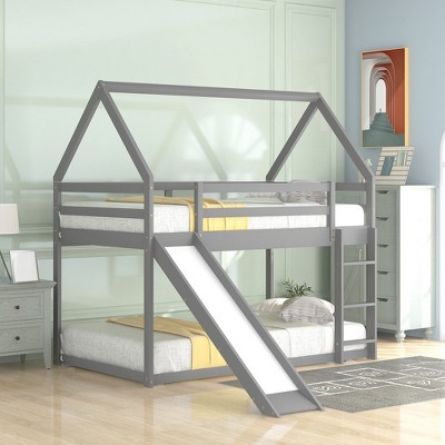 Twin Size Bunk House Bed With Slide And Ladder, Twin Bed Frames House Bed Frame With Roof Twin Size Bed Frame For Toddlers